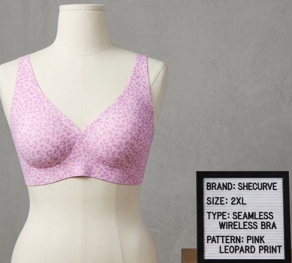 Shecurve Seamless Wireless Bra 2XL Pink Leopard Print Laser Cut Comfort Smooth